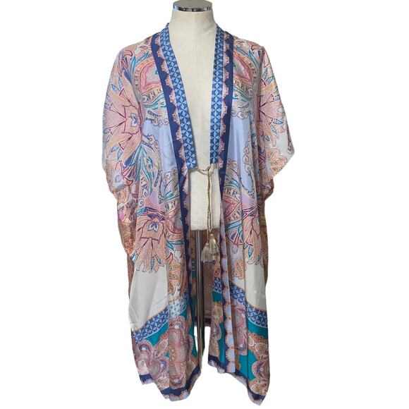 Chico's Silk Medallion Print Ruana Paisley Print Wrap Kimono with Tassel S/M - Picture 2 of 7
